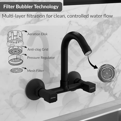 Image of Plantex Sink Mixer Tap for Kitchen with 360 Swivel Spout /Hot and Cold Water Tap with Wall Flange and Teflon Tape /Brass Spindle Sink Tap (Black)