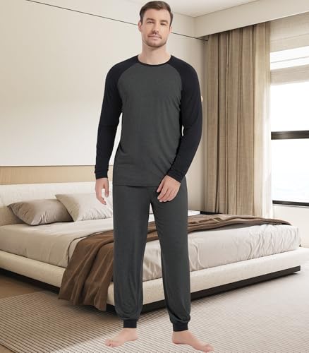 Image of NACHILA Mens Pajamas Set Long Sleeve Henley Sleepwear Top Soft Jogger Pants Pajamas Cool Pjs Set,Viscose Made from Bamboo
