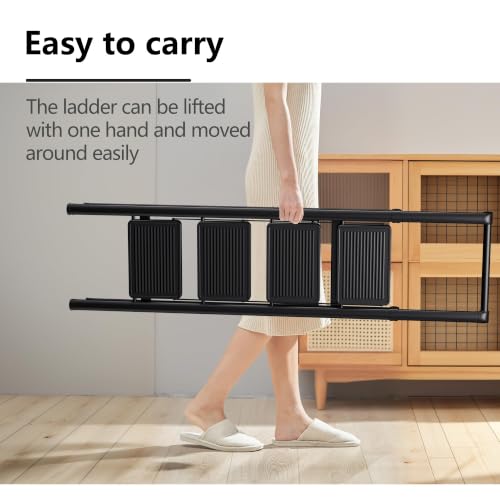 Image of SOLADDER 4 Step Ladder, Folding Step Stool, Lightweight Stepladder, Black | Reach 8ft;Anti-Slip 7.9'' Wide Pedal;Portable Handrail;Space-Saving;For Kitchen, Home, Library, Office Use;300lbs Capacity