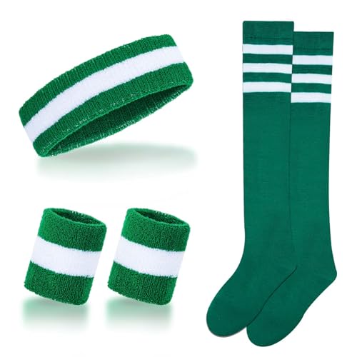 Haakong Sweatbands and Striped Socks Set Sports Headband for Men Women Wristbands High Tube Socks 80s 90s Accessories Costumes (White and Green)