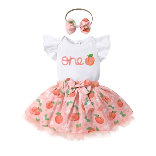 YOUNGER TREE Baby Girl 1st Birthday Outfits One Year Old Clothes Romper Tutu Cake Smash Skirt with Headband Baby Girl Gifts(One Peach 12-18 Months)
