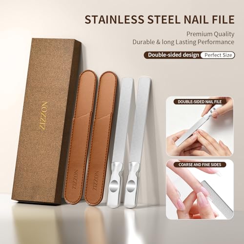 Image of ZIZZON Professional Stainless Steel Nail Files Double Sided for Women and Men, Heavy Duty Reusable Manicure Filer for Natural Nails, Great for Home Salon or Travel Use 2 Pieces