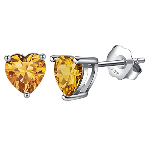 Bellitia Jewelry 925 Damen Geburtsstein Edelstein Ohrstecker mit Citrin, Herz Ohrringe für Frauen Hypoallergener Ohrschmuck Geschenk für Geburtstag Gelb Stein Schmuck Set