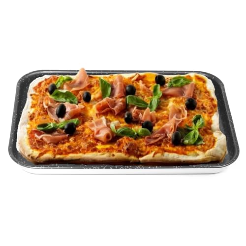 NAMAI - Teglia Pizza Rettangolare, 40CM x 28 CM, Alluminio Antiaderente, Adatta in Lavastoviglie, Design Effetto Pietra, Teglia Forno, Made In Italy (40cm x 28cm)