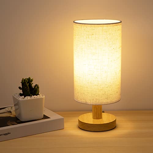Image of Small Bedside Table Lamp for Bedroom, Minimalist Wood Base & Round Fabric Shade, Mini Cute Cozy Warm White Nightstand Boho Lamp, Study Desk Night Stand Light for Room, Dorm, Nursery, Living Room