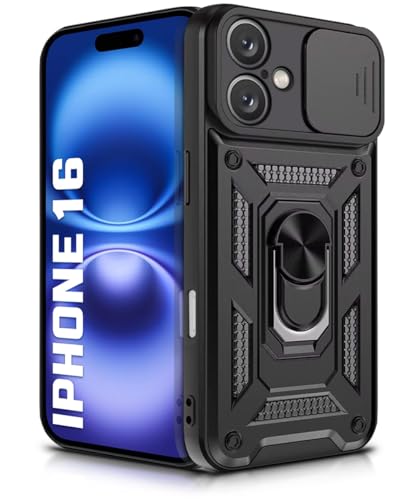 Image of WOW IMAGINE Tough Armor Bumper Mobile Back Case for iPhone 16 | Sliding Camera Shield Cover | Shock Proof 360 Protection | Hybrid PC + TPU | Ring Holder with Kickstand - Black