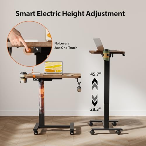 Image of Agilestic Electric Standing Desk, 26 x 16 Inches Height Adjustable Desk, Sit Stand up for Work Office Home, Ergonomic Rising Computer Table with with Wheels, Rustic Brown