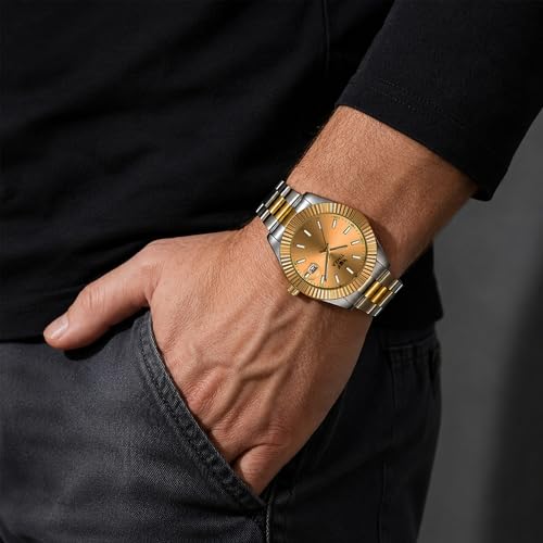 Image of Men's Analog Watch with Gold Sunray Dial, Fluted Bezel, Stainless Steel Two Tone Strap, Date Display & Quartz Movement