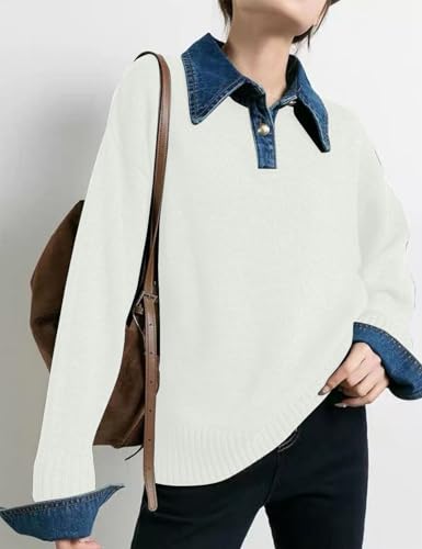Womens Fall Oversized Long Sleeve Sweaters 2 in 1 Denim Panel Lapel Sweater Polo Knit Sweater Tops(White-S)2