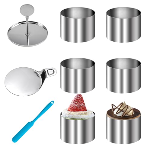 HEKOBAG 6 Stk Dessertringe Speiseringe Set Servierring Edelstahl Mousse Ringe Ø 7.5cm Anrichteringe Rund Kleine Backringe Tortenring Kuchenringe mit Heber, Stampfer und Abstreifer für Desserts Kochen