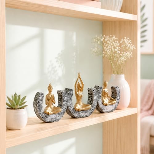 Image of Amazon Basics Serene Yoga Meditating Figurine Set for Home & Office Decor | Modern Spiritual Sculpture Showpieces for Living Room, Meditation Corner & Shelf Styling (Gold & Grey, Set of 3)