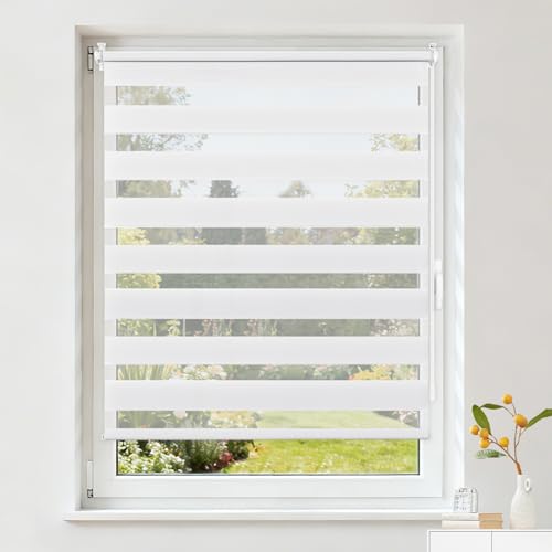 Buseu Store Enrouleur Jour Nuit sans Perçage, Rideau Translucide & Occultant, Fixation Facile par Clips pour Fenêtre ou Porte, Blanc, 40l x 150L cm (Largeur...