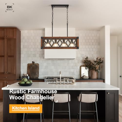 Benkut Farmhouse Kitchen Island Lighting 4-Light Wood Rectangle Chandelier by Benkut - Used condition - Image 4