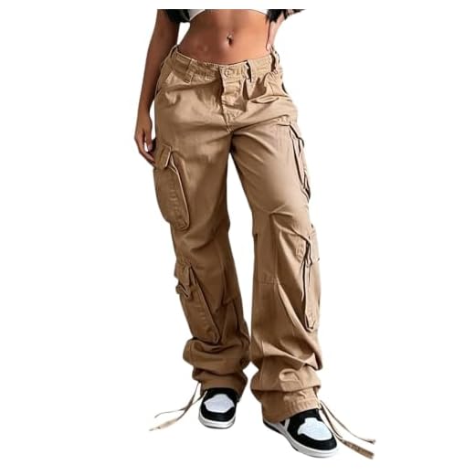 Women's Y2K High Rise Baggy Straight Leg Cargo Pants Streetwear Casual Boyfriend Trousers with Pockets Khaki