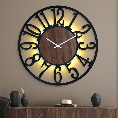 Mee 2ou Orologio da Parete Grande con Luce Notturna a Batteria – 80 cm Silenzioso, Moderno, Effetto Legno, LED Luminoso al Buio, Ideale per Soggiorno, Camera da Letto, Cucina
