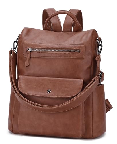 VX VONXURY Rucksack Damen, Groß Anti-Diebstahl Reiserucksack für Frauen 2 in 1 Elegant PU Leder Cityrucksack für Arbeit Schule (Braun)