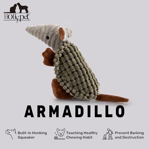 Image of Hollypet Plush Dog Squeaky Toy Stuffed Armadillo Animal Pet Puppy Chew Toys with Clean Teeth for Small Medium Large All Breed Sizes Dogs, Olive Drab, 8 in