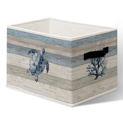 MSJAUENN Coastal Beach Storage Boxes, Ocean Nautical Theme Cube Storage Bin for Bathroom Closet Bedroom Living Room, Starfish Seashell Turtle Coral Organizer Bins for Shelves, 14.2"x10.6" x10.6"