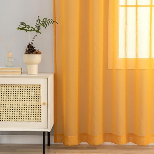 Image of MYSTIC-HOME Sheer Curtains Yellow 84 Inches Long, Window Treatments Rod Pocket Drapes for Living Room, Bedroom, Semi Crinkle Voile Extra Wide Curtains for Yard, Villa, Parlor, 108 inchx 84 inch, 2Pc