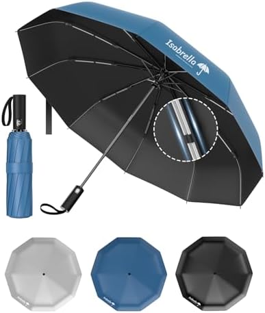 ISABRELLA Umbrella for Sun Protection & Rain, Automatic Open Close 3 Fold for Women, Windproof 10-Rib Design, Big Size UV Protection Umbrella, Compact Travel Accessory (Blue)