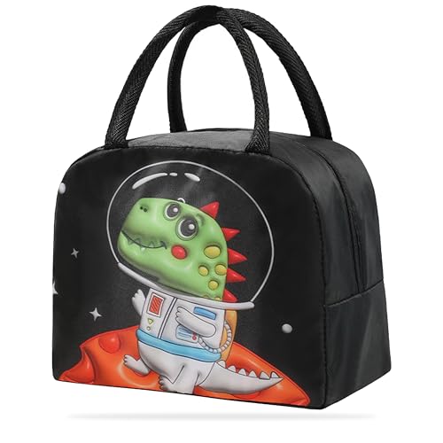 Image of Kraptick Compact & Stylish Design Printed Tiffin Bag for Children Insulated Lunch Bag for Kids Perfect Leakproof Keeps Hot and Cold Lunch Bag for School (Black Dinosaur)