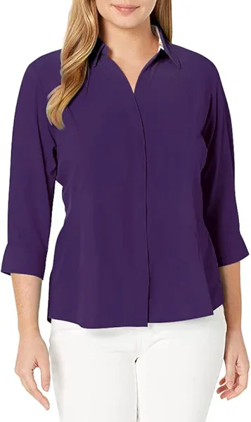 Women's Button Down Shirt 4-Way Stretch V Neck Blouse Wrinkle Resistant & Breathable 3/4 Sleeve Collared Work Top