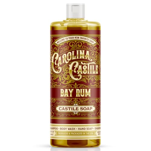Image of Carolina Castile Soap Bay Rum Scent - Certified Organic Base, High Olive Oil Content, Non-Drying, Made with Organic Oils, Concentrated Natural Body Wash for Men and Women (Bay Rum, 32 Fl Oz)