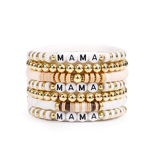 Elegance 11 designs Mama Bracelet Heishi Mom Beaded Bracelets For Women Mothers Day Polymer Clay Surfer Stackable Beads Boho Bracelet Summer Beach Jewelry Set
