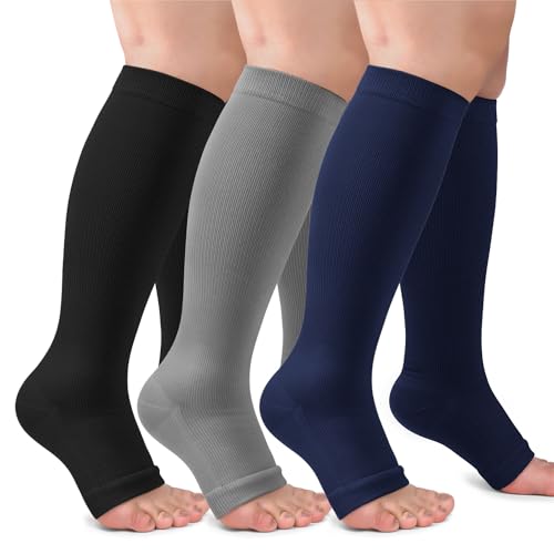 Image of CTHH Toeless Compression Socks for Women & Men Open Toe Knee High Stocking | 3 Pack 20-30 mmHg Graduated Compression Socks Best Support for Circulation Flying Running Daily Wear Cooling