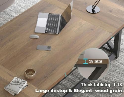 Image of Modern Industrial Computer Desk | Extra Long, Home Office Study Writing Table | Wooden Workstation with Metal Frame | Executive Gaming Desk | Walnut Cream | 160x80x75 cm
