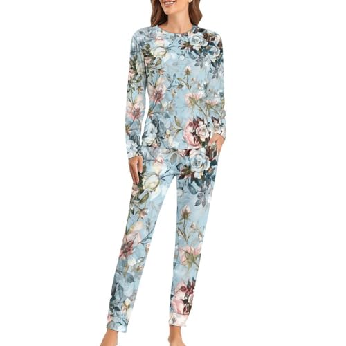 Pyjama femme avec t-shirt manches longues et pantalon fleur rose pour nuit