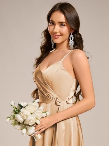 Image of Ever-Pretty Women's Sexy Spaghetti Straps Ruched V Neck Floor Length Satin Formal Dress with Slit 02317