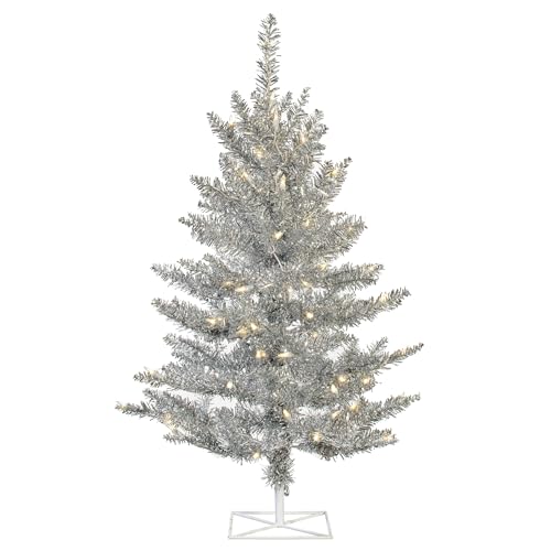 Vickerman 3' Silver Tinsel Fir Artificial Christmas Tree - Warm White Dura-lit LED Lights - Faux Silver Christmas Tree - Seasonal Indoor Home Decor - Reliable and Durable