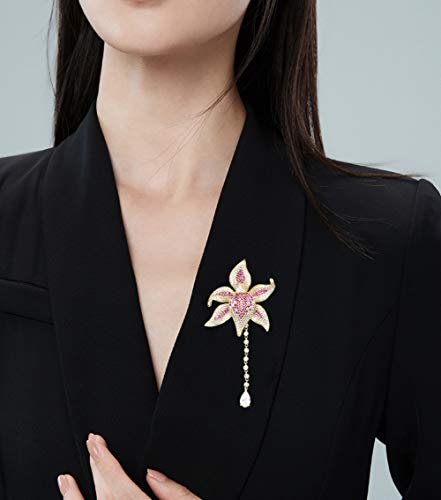 Image of Women's Cubic Zirconia Orchid Flower Brooch Crystal Floral Boutonniere Petal Lapel Pin Beastpin Bridal Wedding Jewelry with Tassel