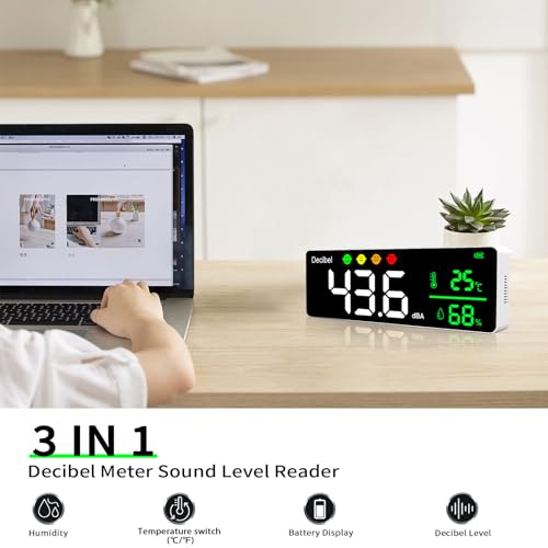 Decibel Meter, Wall Hanging Sound Level Meter with Large LED Display +Noise+ Humidity + Temperature Switch(°C/°F) ; 30-130dB Rang DB & SPL Wide Applications for Home, Studio