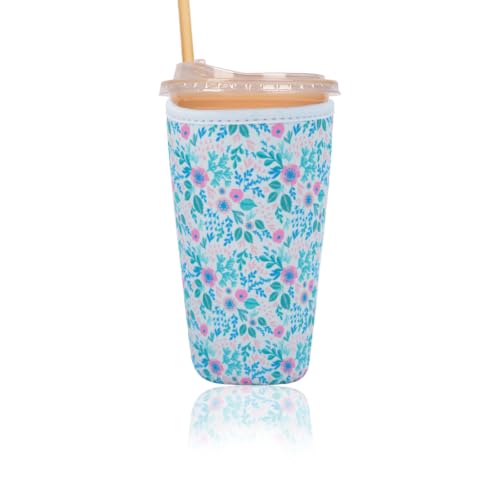Reusable Insulated Iced Coffee Cup Sleeve (Aqua Vines, Large: 32oz)