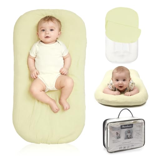 Image of Baby Lounger - Snuggle Cozy Me Infant Lounger for Newborns | Breathable & Soft, Portable Awake-Time Pad, Essential Baby Gift- Yellow (Lounger Cover Included)