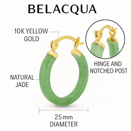 Belacqua Natural Green Jade Hoop Earrings in 14K Yellow Gold, Hinge and Notched Post, 1'' Diameter, Classic Jewelry for Women, Gift Box Included2