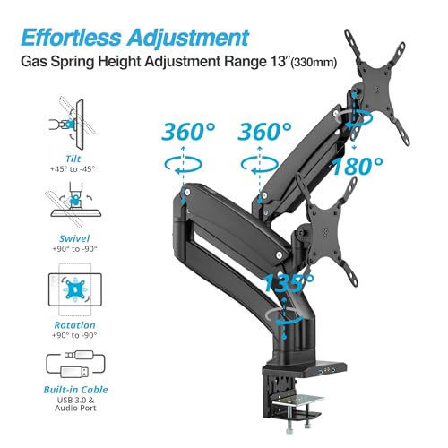 Image of AVLT Dual Monitor Arm Desk Mount for 13-43 inch Screens, Heavy Duty - Black | Supports flat /curved /ultrawide screens up to 44 lbs each. Smooth gas spring, USB 3.0 /AUX, 4 VESA sizes and cable management