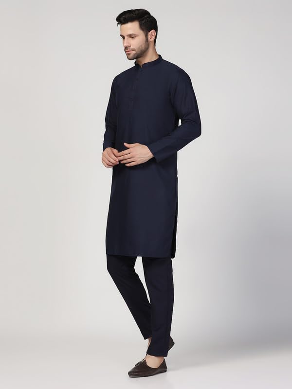 Kisah Men's Kurta Trouser Set, Navy Blue Cotton Blend, Solid Regular Fit Mandarin Collar Long Sleeves (40)