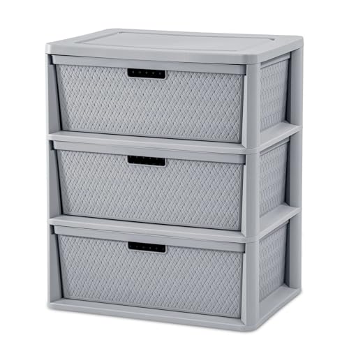CLMSTE Gray Storage Drawer, 3 Drawer Plastic Weave Wide Tower with Pull Handles