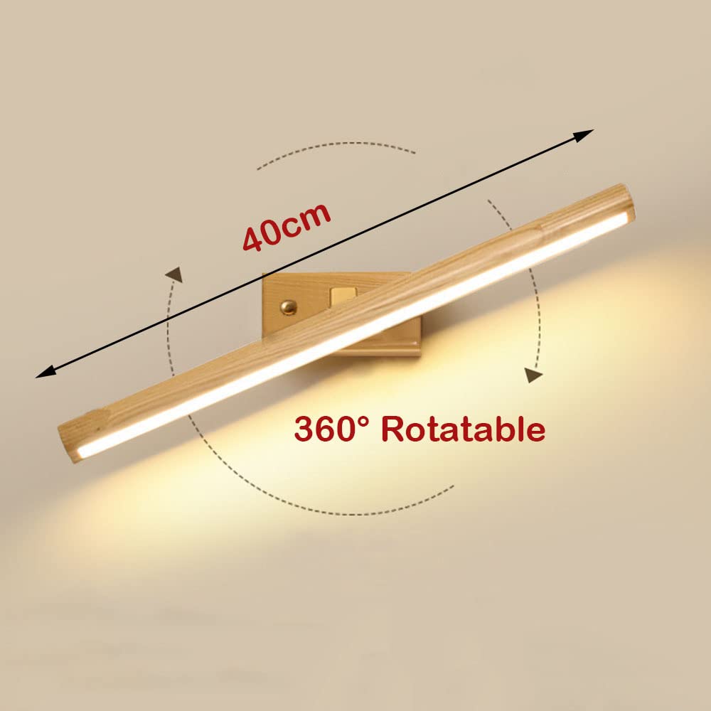 Madera Lámpara de Espejo para Baño LED, 8W 40cm Aplique de Baño Espejo LED 360° Giratorio Lámpara de Pared para Dormitorio Escaleras Pasillo (Blanca Cálida 3000K)
