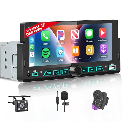 Autoradio 1 DIN con DAB 6.9 Pollici Touchscreen Stereo Auto con Android Auto & CarPlay, Supporta Bluetooth Vivavoce/FM/Mirror Link/USB/EQ + Microfono,Telecamera Posteriore,Telecomando