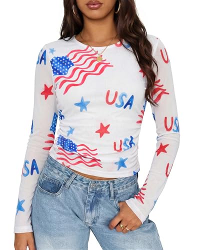 Image of MOUSYA Sheer Tops for Women Mesh Long Sleeve Top See Through Sexy Going Out Tee Summer Crewneck Party Undershirt