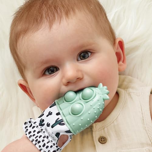 Image of Itzy Ritzy Silicone Teething Mitt - Soothing Infant Teething Mitten with Adjustable Strap, Crinkle Sound & Textured Silicone to Soothe Sore & Swollen Gums - for Ages 3 Months & Up (Cactus)