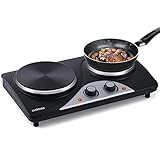 CUSIMAX Gusseisen Doppelkochplatte, Kochplatten 2er Elektrisch in 1000W+1500W, herdplatte elektrisch doppel für Garten, Wohnmobil oder Camping, Schwarzer Edelstahl mit einstellbarer Temperatur