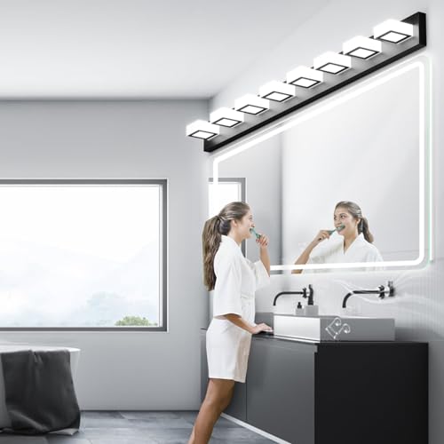 Image of Ralbay 52inch Black Vanity Lights 8 Lights Dimmable 5 Color Temperature Acrylic Modern LED Bathroom Vanity Lighting Fixtures Matte Black