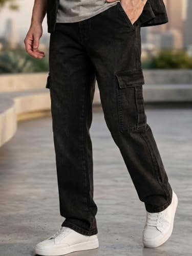 Image of Urbano Fashion Men's Regular Fit Washed Cargo Jeans with 6 Pockets Stretchable