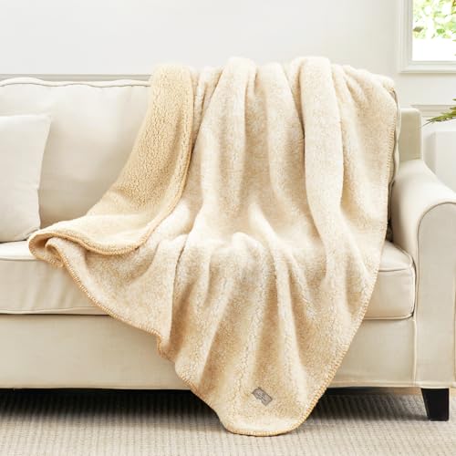 Cozy Bliss Sherpa Throw Blanket for Couch, Cozy Fleece Thick Warm Blanket for Winter, Reversible Soft Fuzzy Plush Throw Gifts for Women and Men, Room Decor (Mottled Beige, 50' x 60')