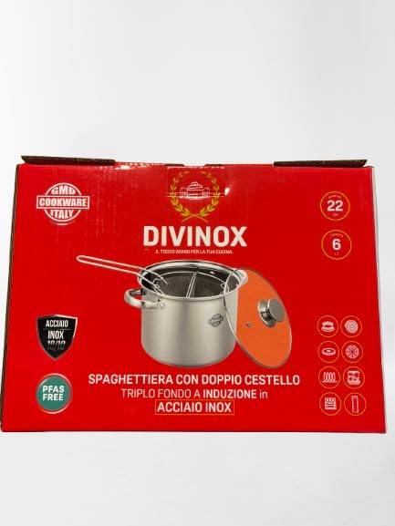 SPAGHETTIERA CON DOPPIO CESTELLO INCLUSO (TRIPLO FONDO A INDUZIONE) Tutto In ACCIAIO INOX Diametro 22cm Capacità 6 lt MADE IN ITALY